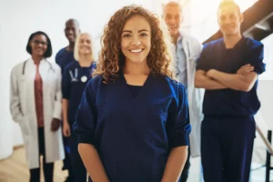 DPC for COPD Management. Smiling female doctor standing with medical colleagues- n a hosp